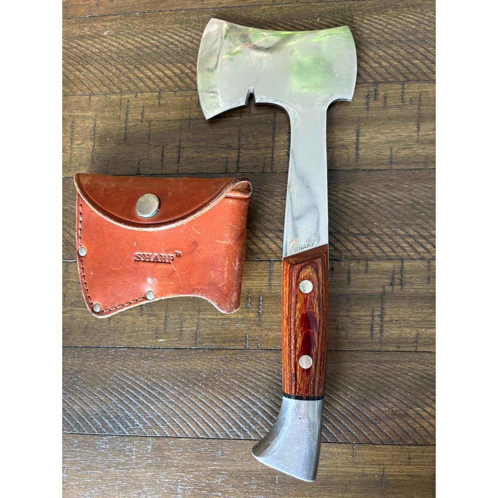 Vtg SHARP 440 Stainless Steel Rosewood Handle Hatchet w/ Leather sheath chop